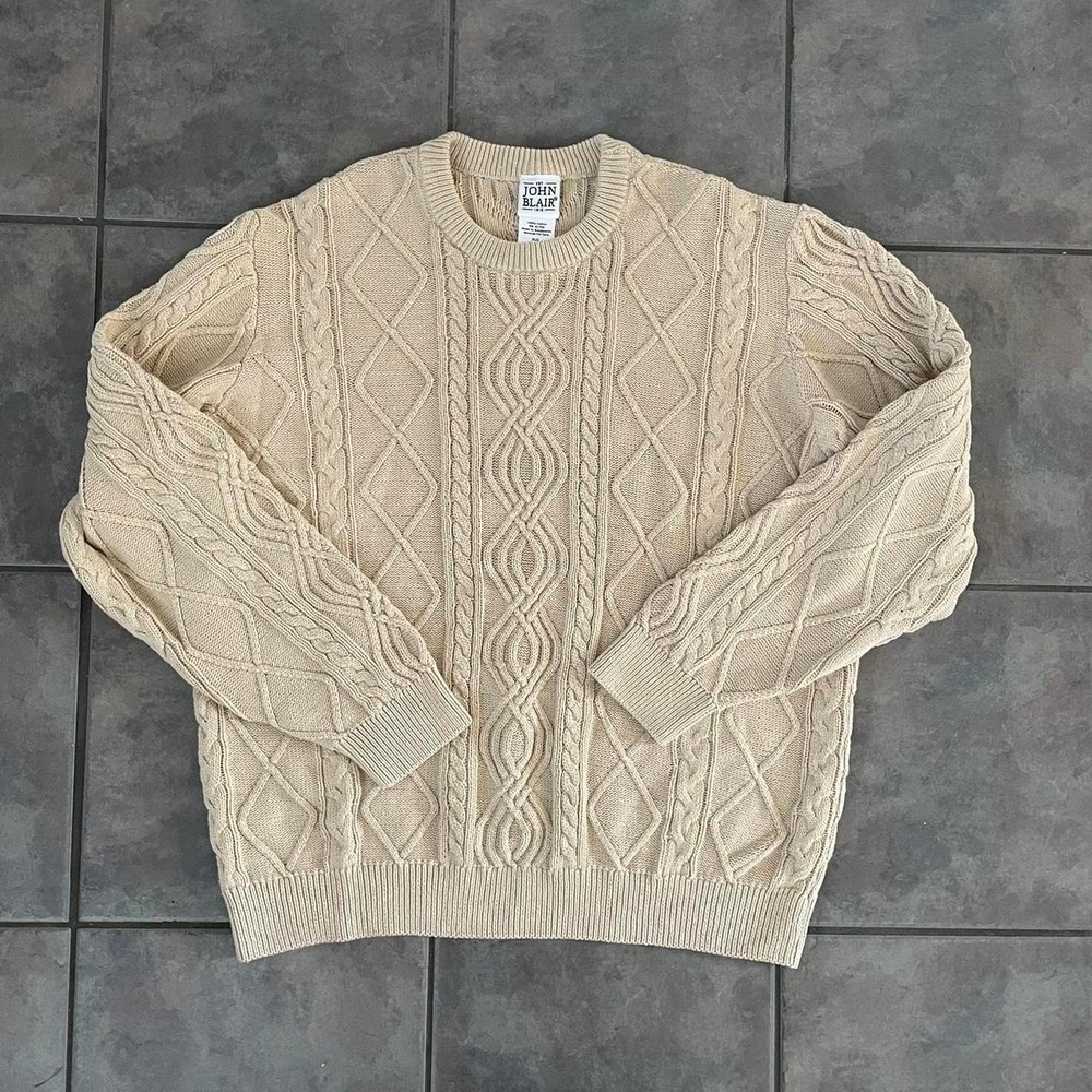 Y2K cream cable kint mens sweater preppy fisherman light academia XL